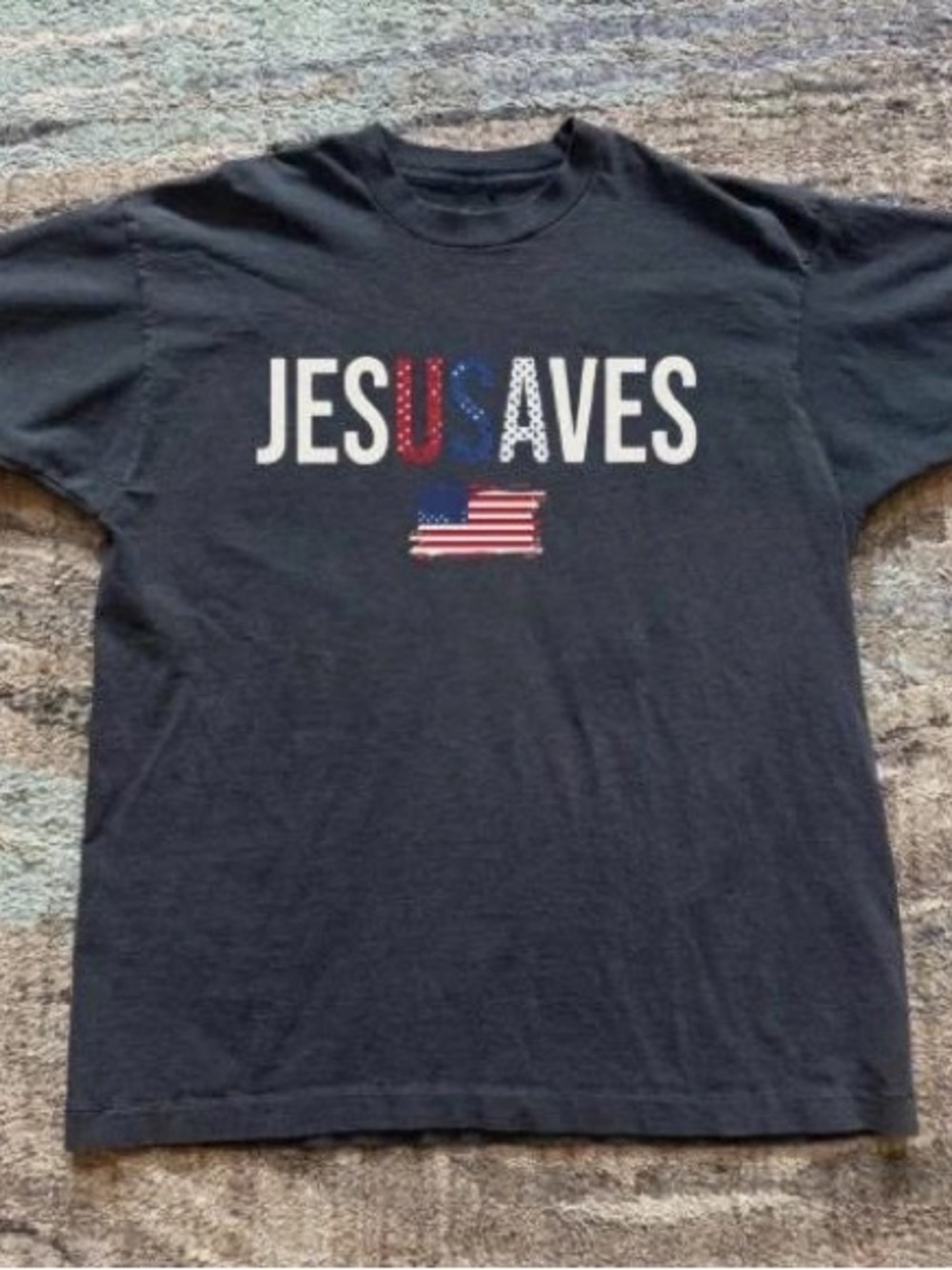 Black 'Jesus Saves' Graphic T‑Shirt with American Flag